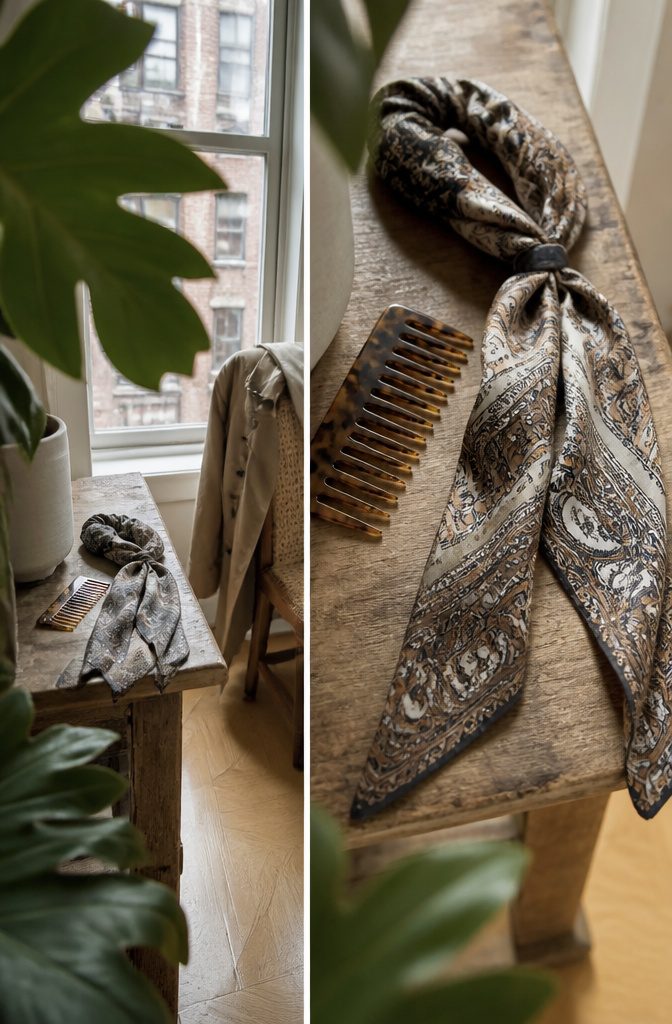 Silk paisley scarf tied around a ponytail
