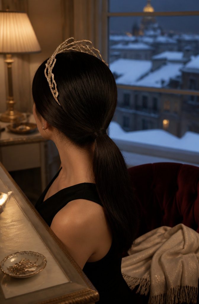 Sculptural sparkling headband worn with sleek hair
