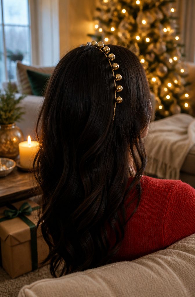 Gold-plated headband with jingle bells against dark waves and red sweater