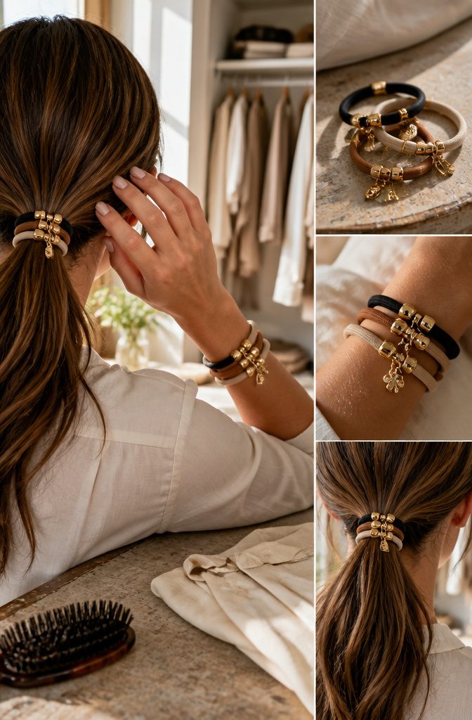 Three ponytail bands with shiny hardware and small charms
