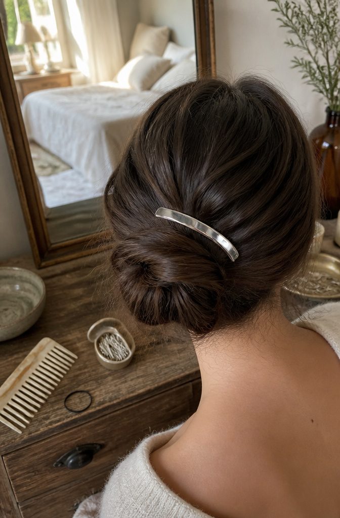 Curved script barrette holding a loose twist in dark brown hair
