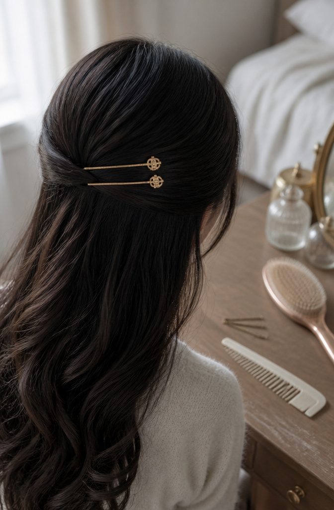 Two branded bobby pins securing hair beside a side part