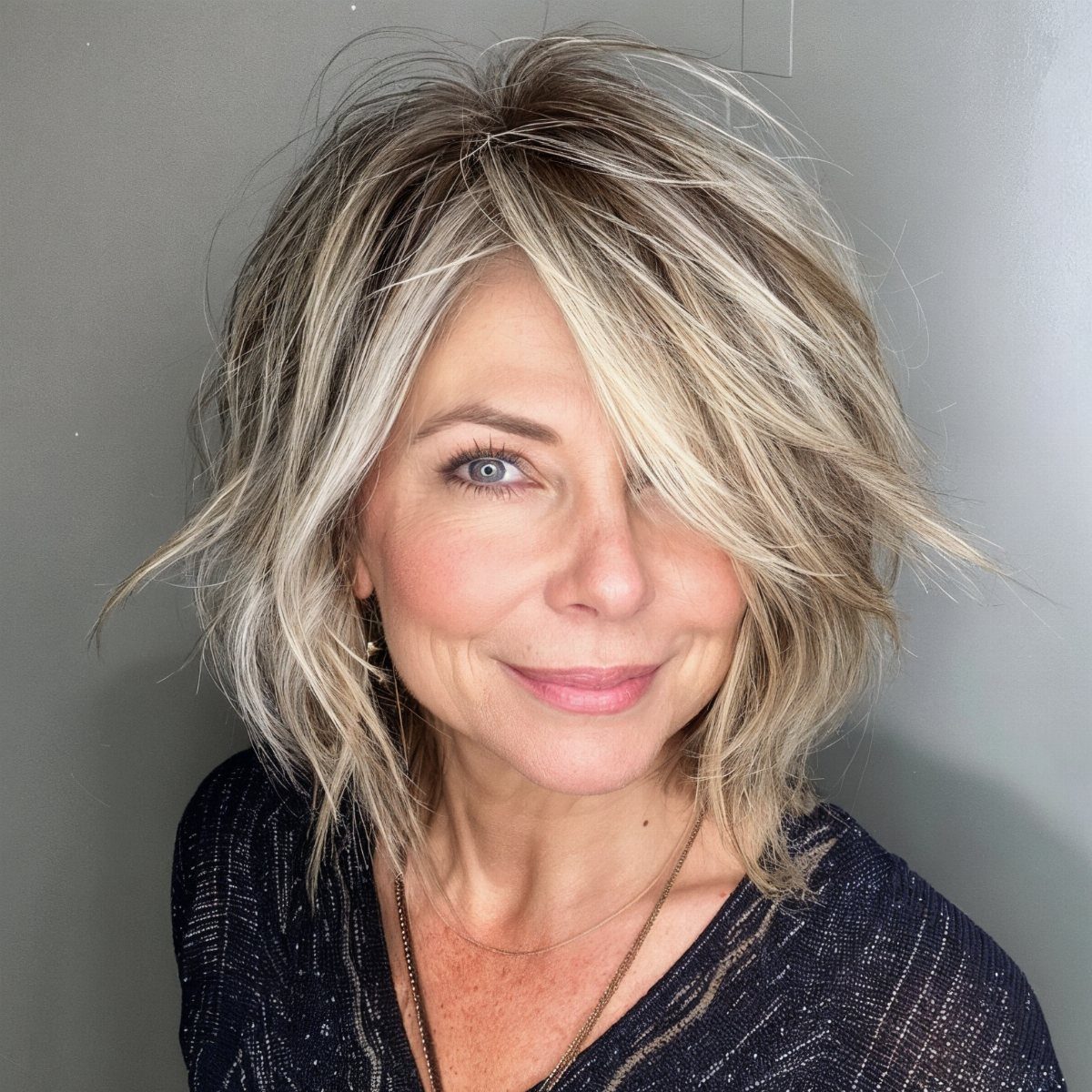Woman with a tousled, piecey blonde bob and side part