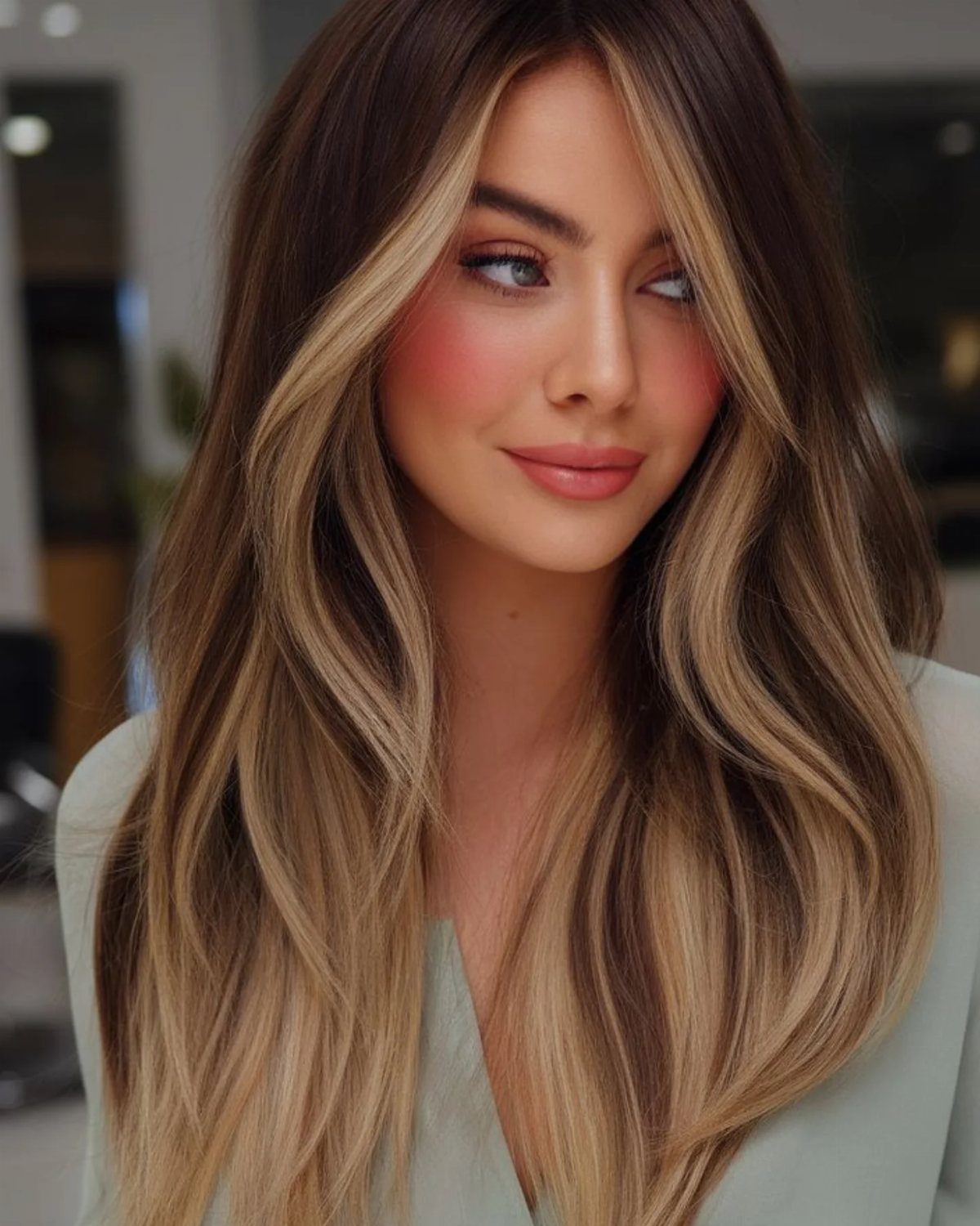 Woman with middle-parted waves and blonde face-framing strands