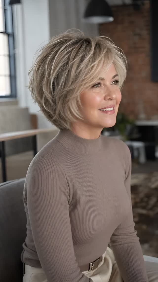 Mature woman wearing a short blonde bob with soft curls