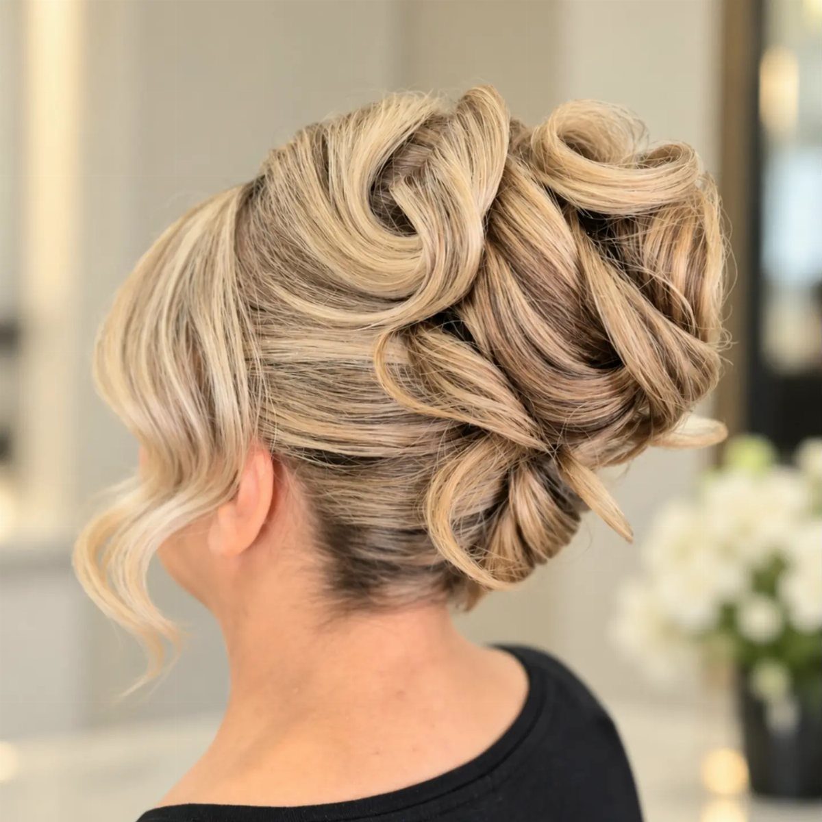 Blonde hair arranged in an elaborate high pinned-up bun with a loose tendril