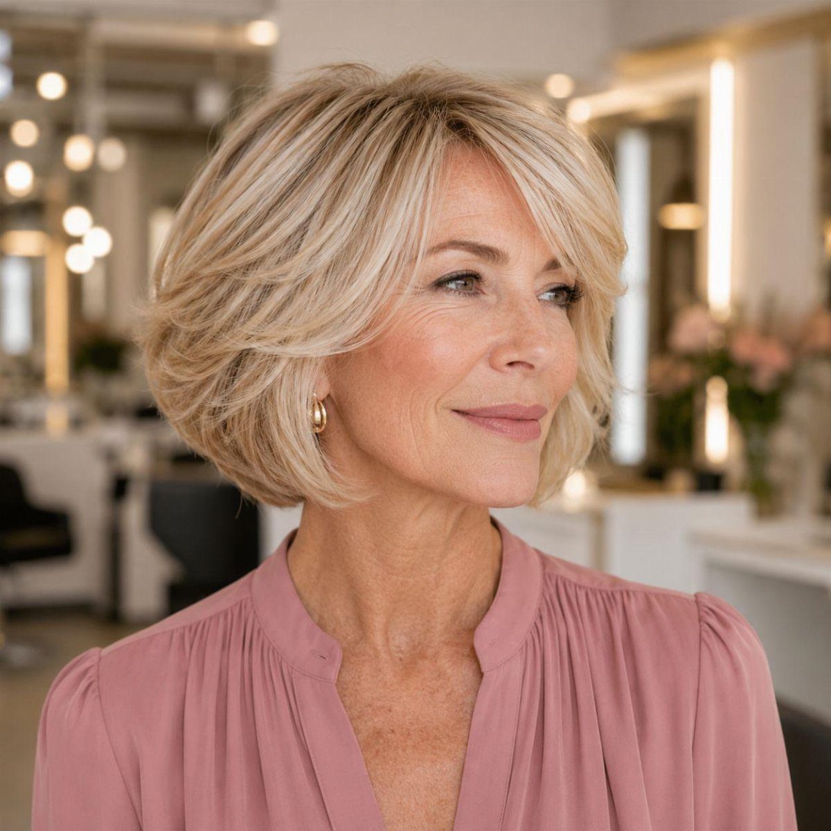Woman with a layered blonde bob hairstyle and side-swept bangs