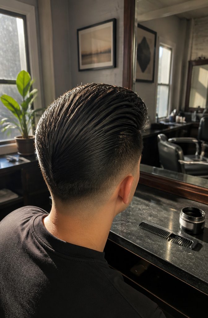 Person with a rounded gelled blowout, shorter sides, and a tight fade at the temples