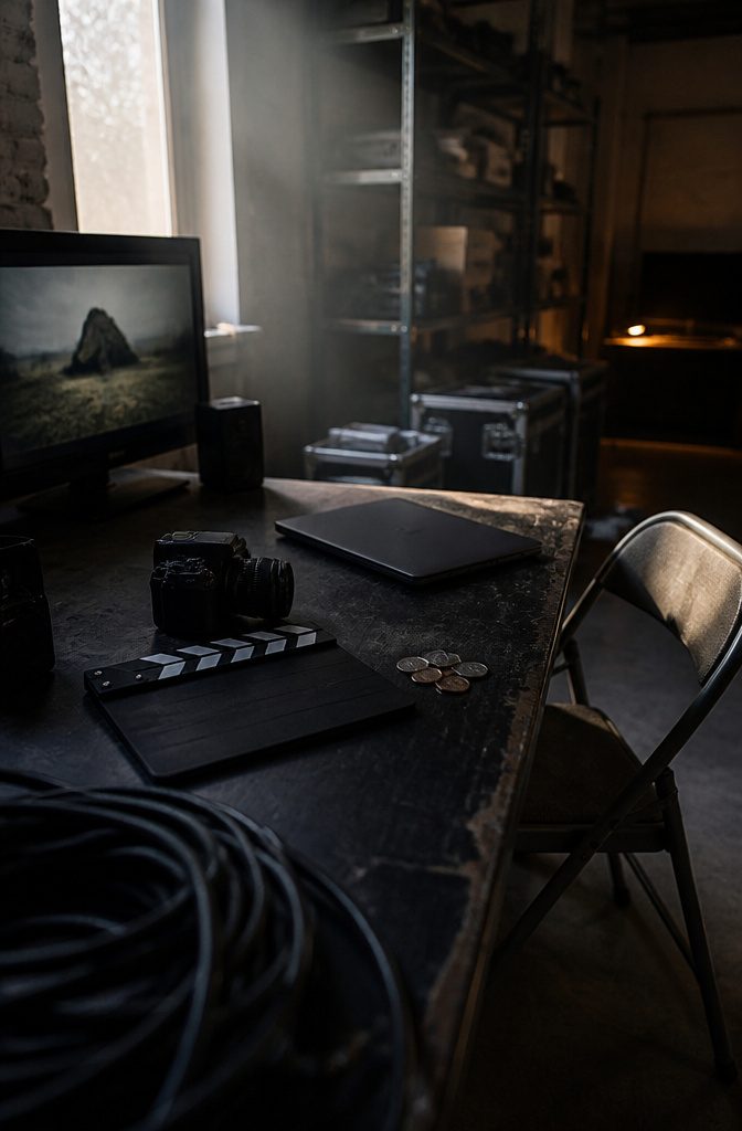 Small camera and blank clapperboard beside coins and a closed laptop on a scuffed production table