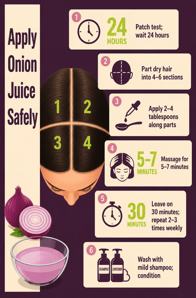 Onion juice application guide with sectioned hair and scalp application steps