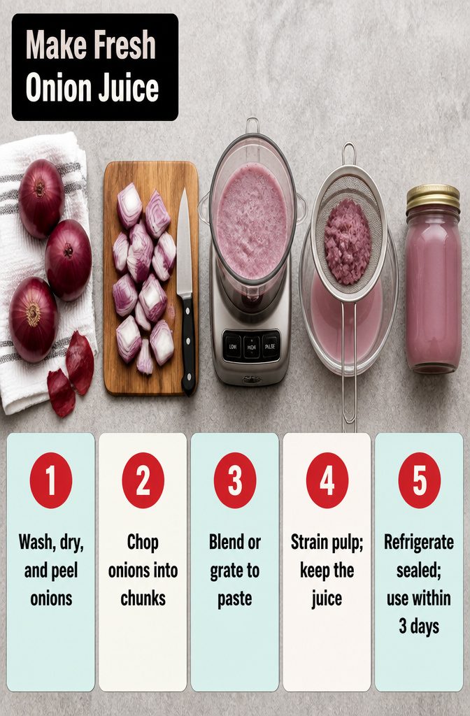 Fresh onion juice preparation graphic with chopped onions blender and strainer