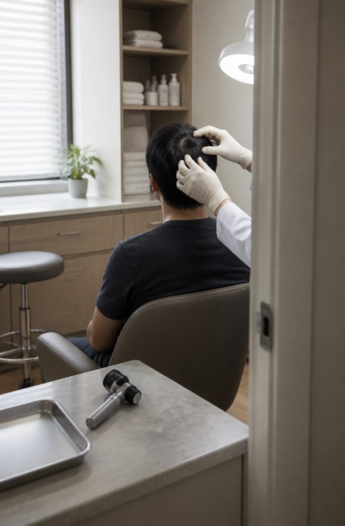 Clinician in gloves examining a seated patient's scalp beside a dermatoscope