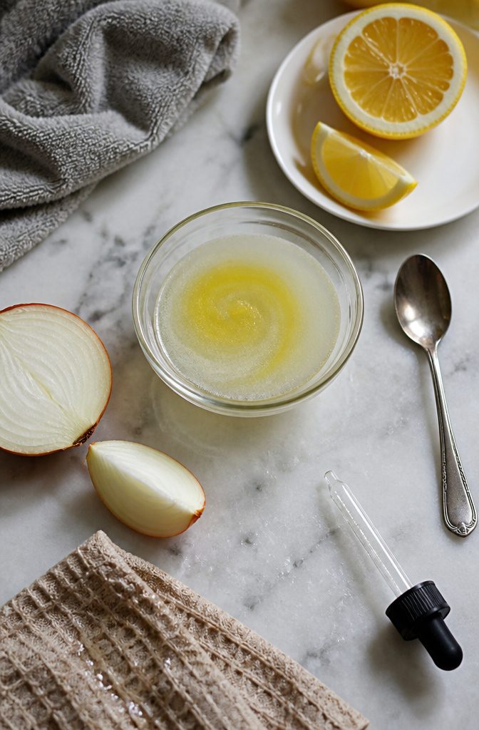 Onion juice with lemon honey aloe vinegar and other recipe ingredients