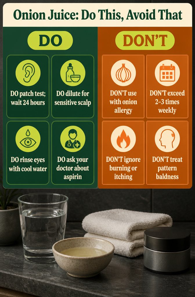 Onion juice safety guide listing allergy irritation patch testing and precautions