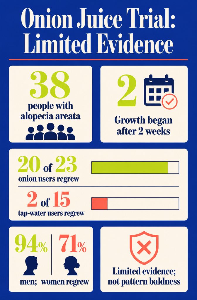 Onion juice trial graphic with limited evidence headline and hair regrowth figures
