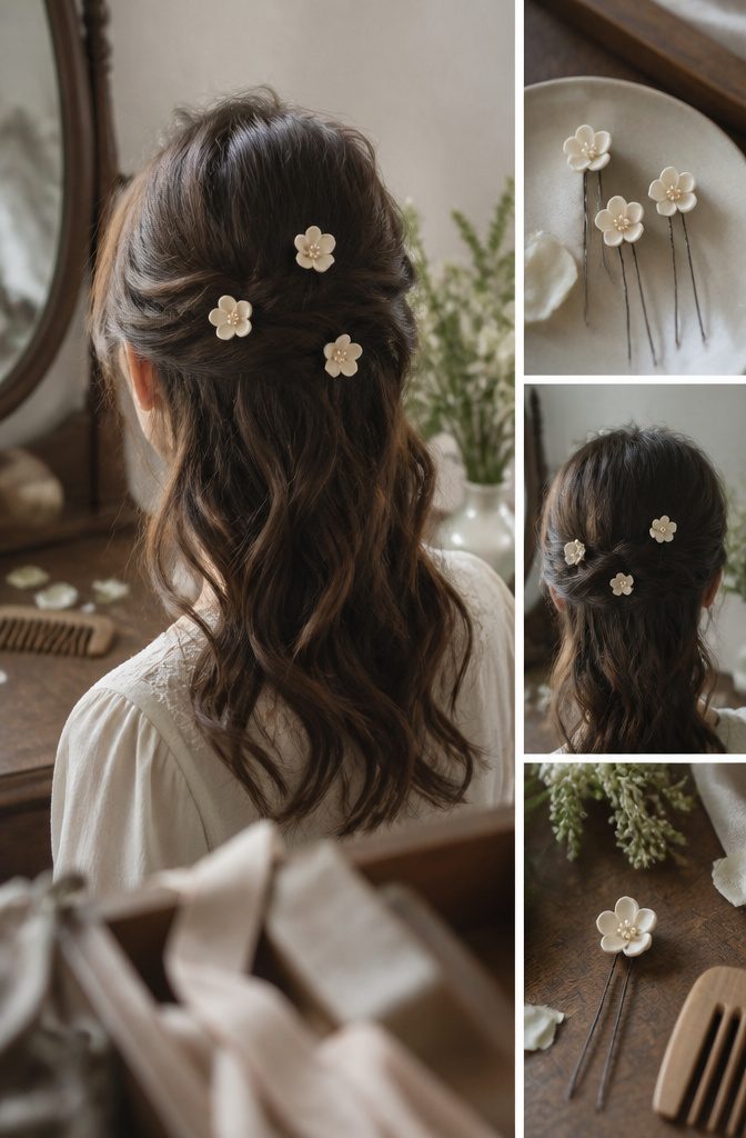 Botanical hair pins with pointed leaves and ceramic flowers