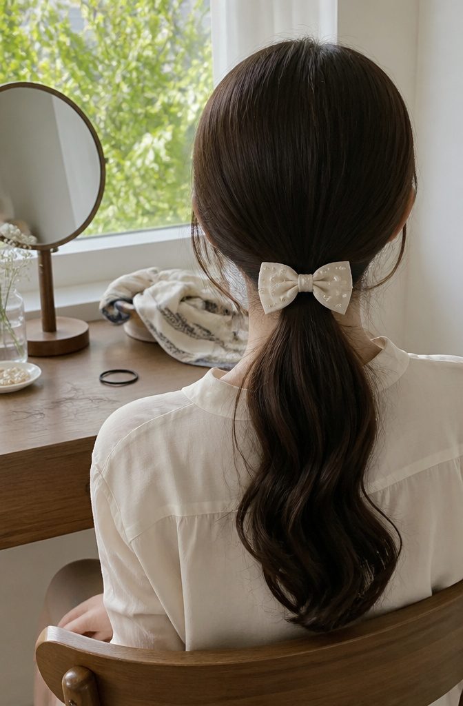 Pearl bow hair accessory worn at the nape of a hairstyle
