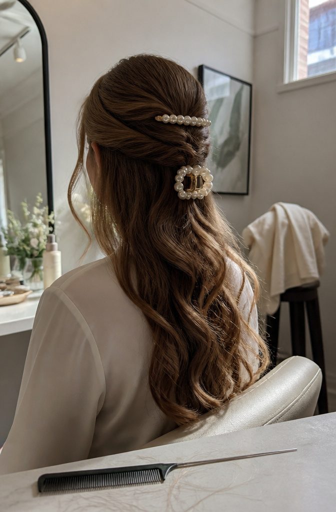 Pearl hair clip and slim pearl slides beside a twisted hairstyle