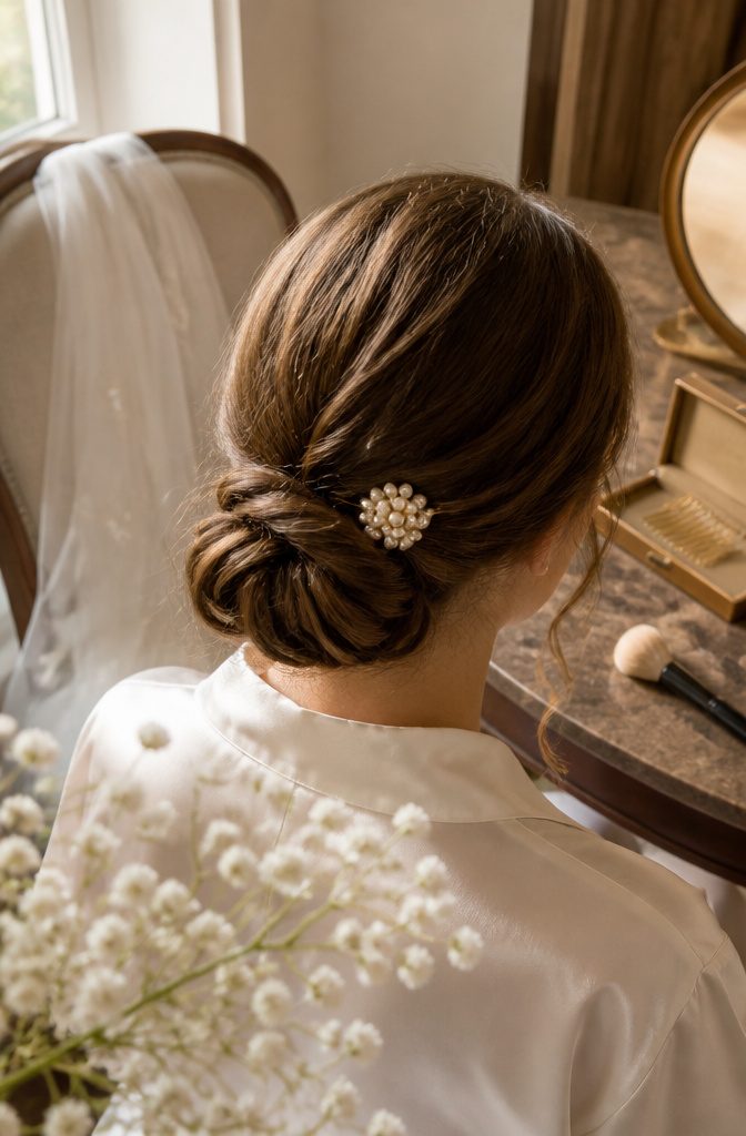 Pearl cluster hair clip placed beside a low bun