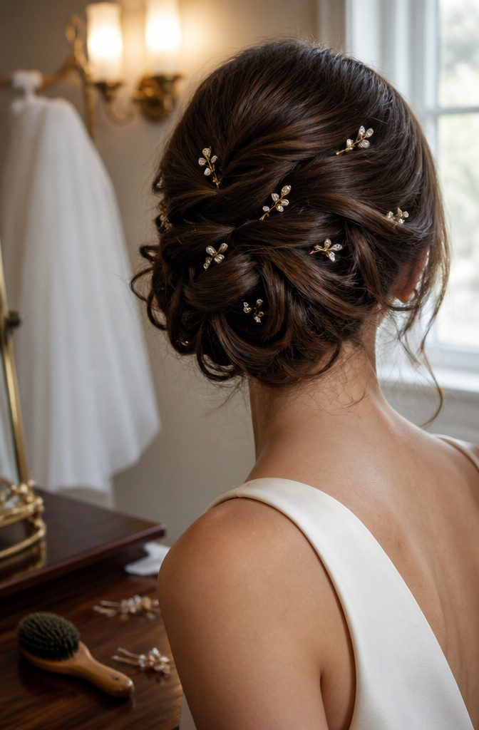 Ivory pearls and clear crystals on gold pins in a bridal updo