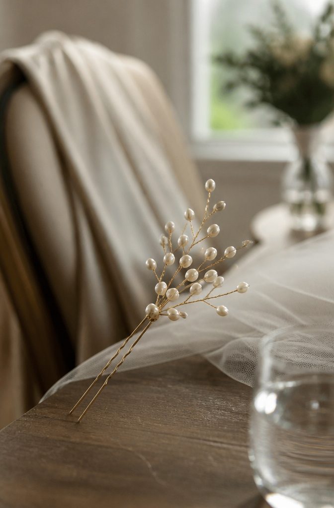 Pearl spray pin with fanned pearls beside a low bun