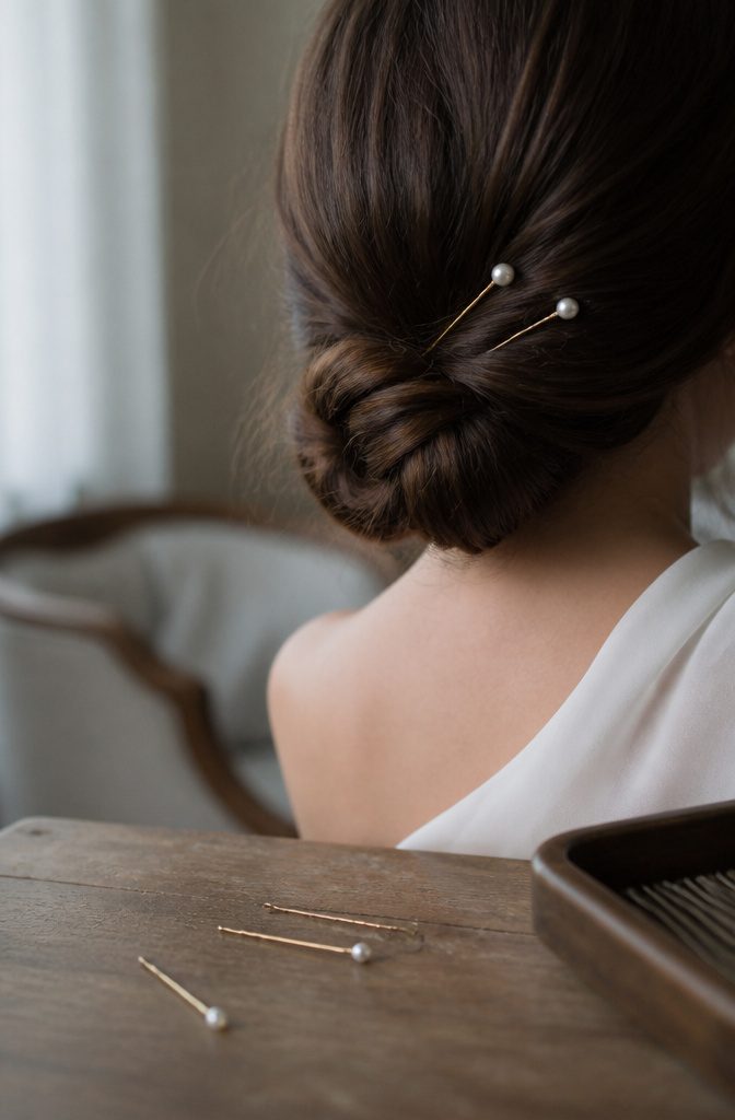Sleek low bun with two gold pins and separate freshwater pearls