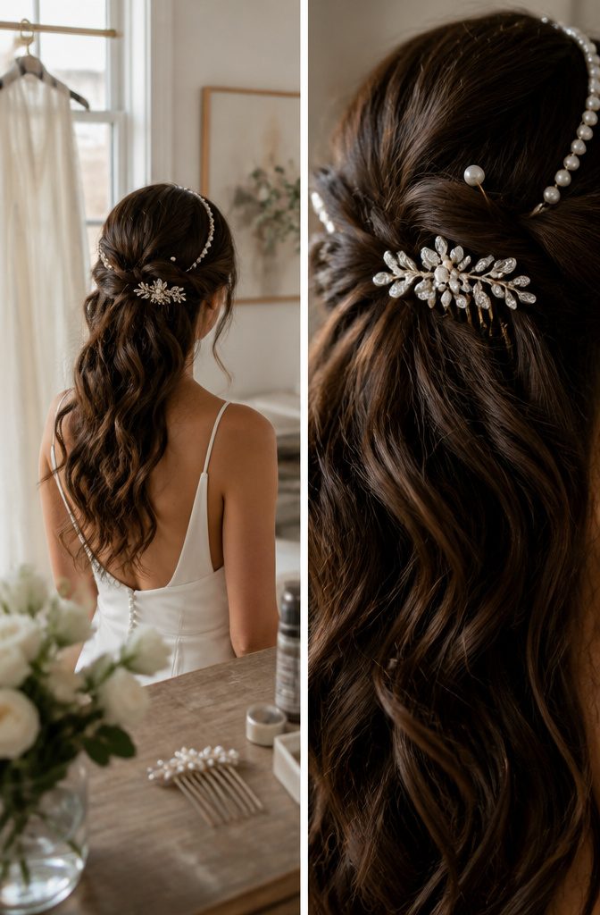 Pearl hair accessories worn with an updo and loose waves