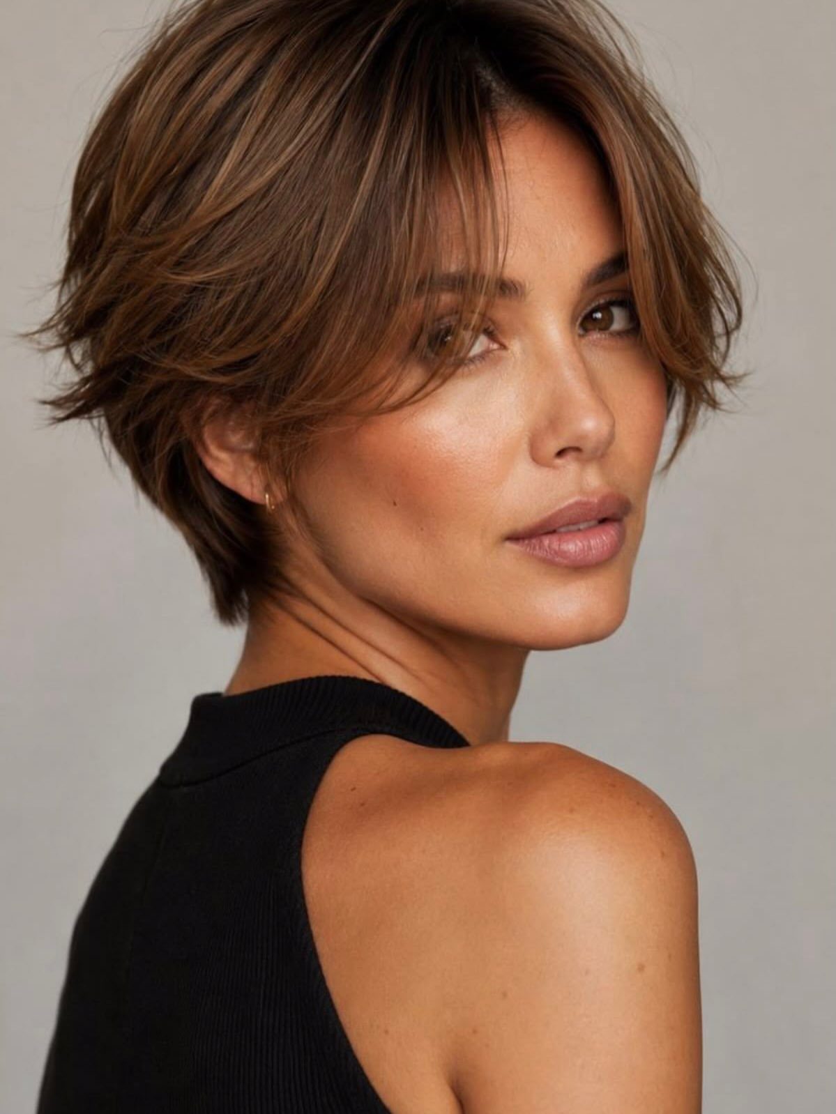 Woman models a short, layered brown bixie haircut with side-swept bangs