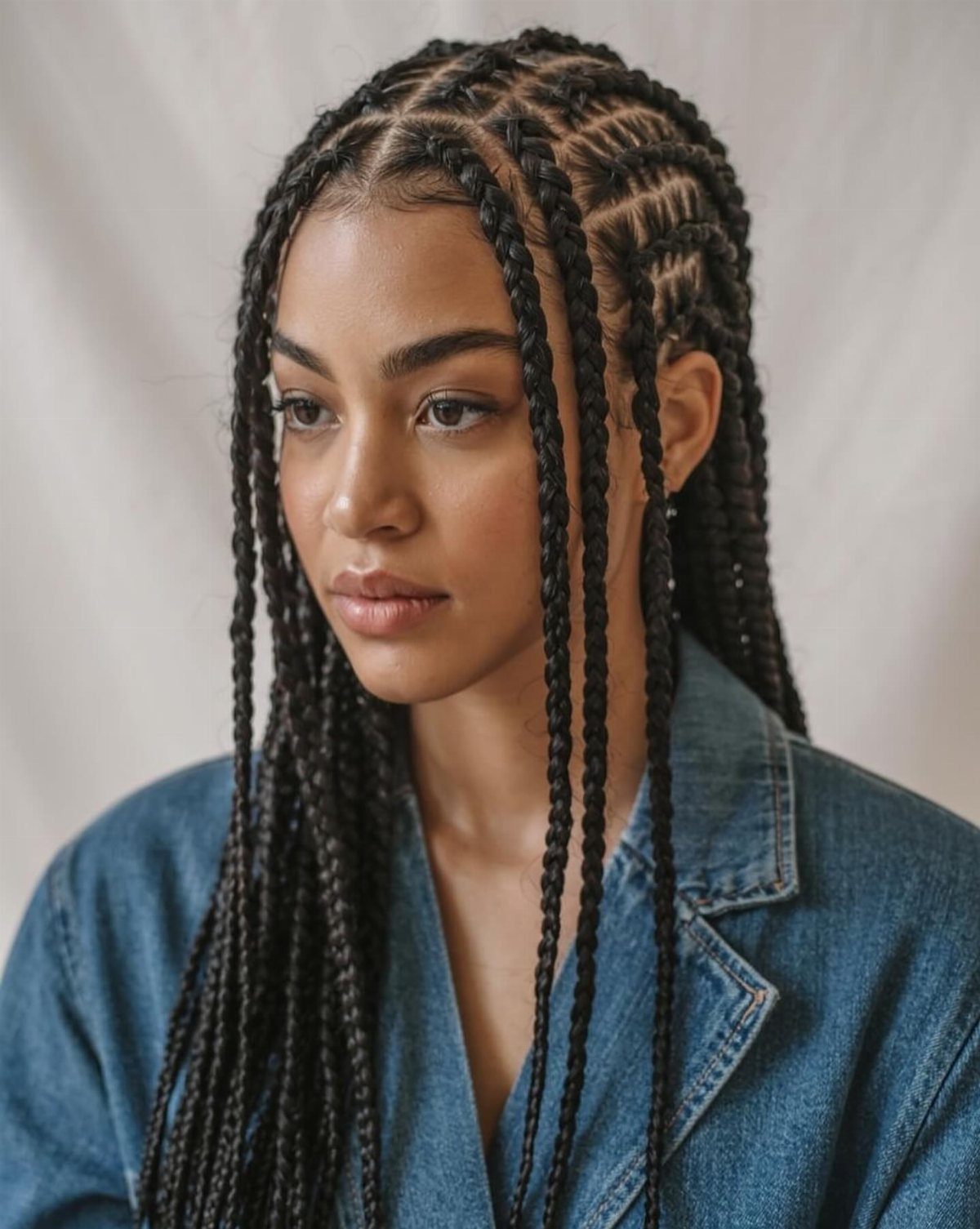 Woman with long black box braids and neat partings wearing a denim jacket