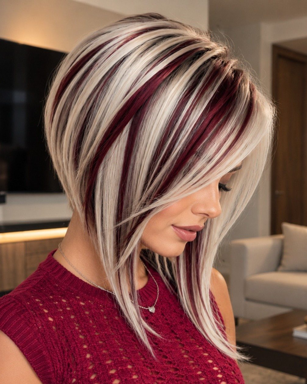 Angled bob with long front pieces and bold platinum, dark, and burgundy highlights