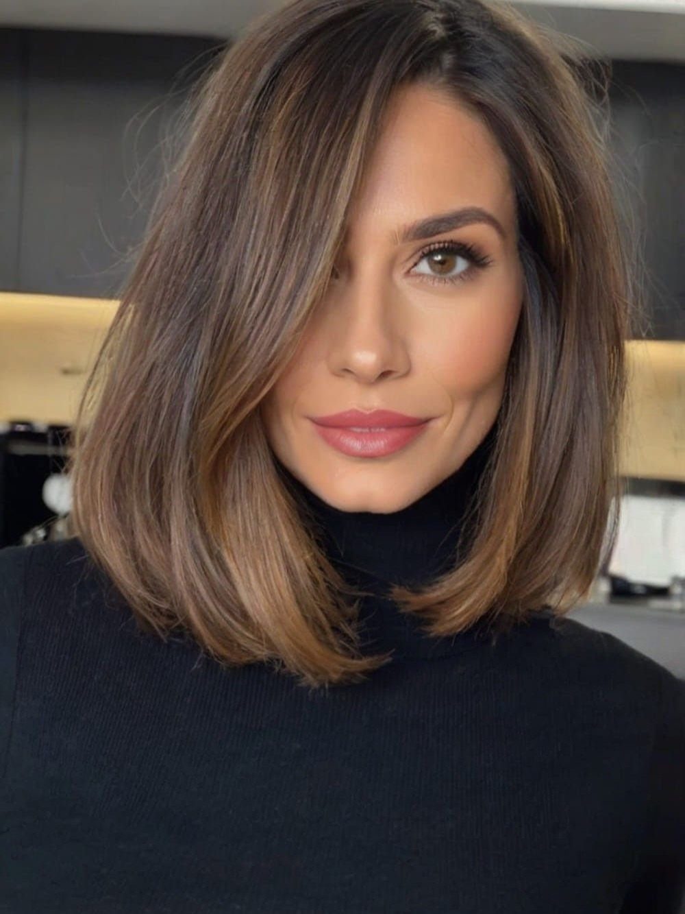 Woman showcasing a smooth highlighted brown lob with a deep side part