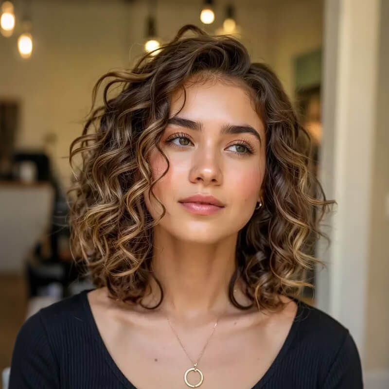 Woman with shoulder-length brown curls and broad blonde highlights