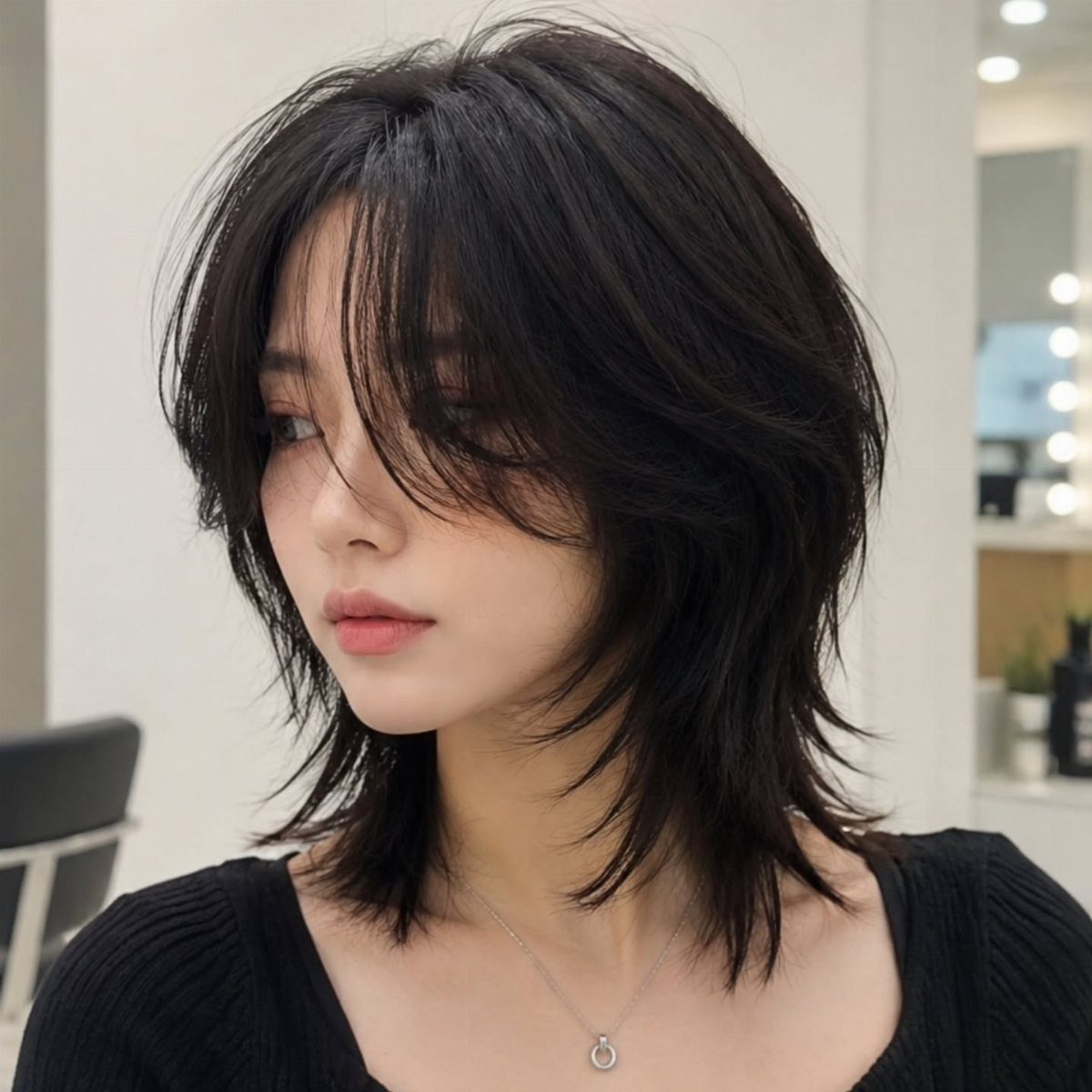 Black wolf cut with choppy layers, a full crown, and long side-swept bangs