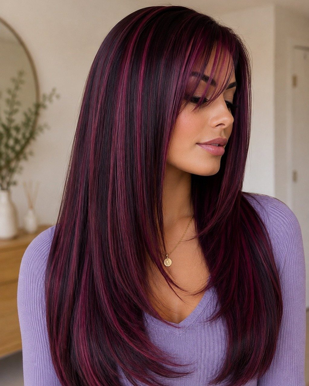 Woman with long dark plum hair and vivid magenta-pink streaks