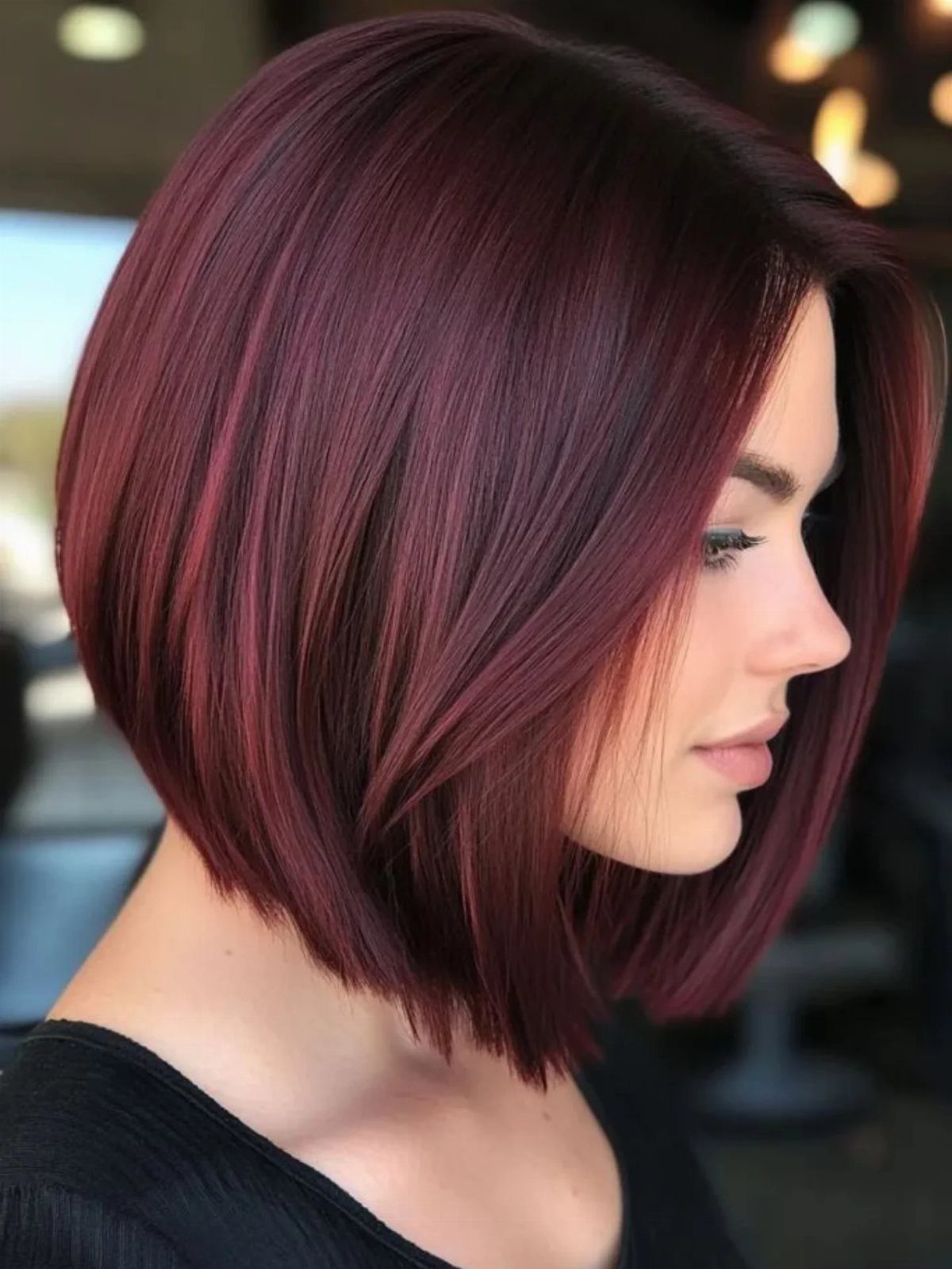 Woman with a smooth plum-colored bob and subtle burgundy highlights