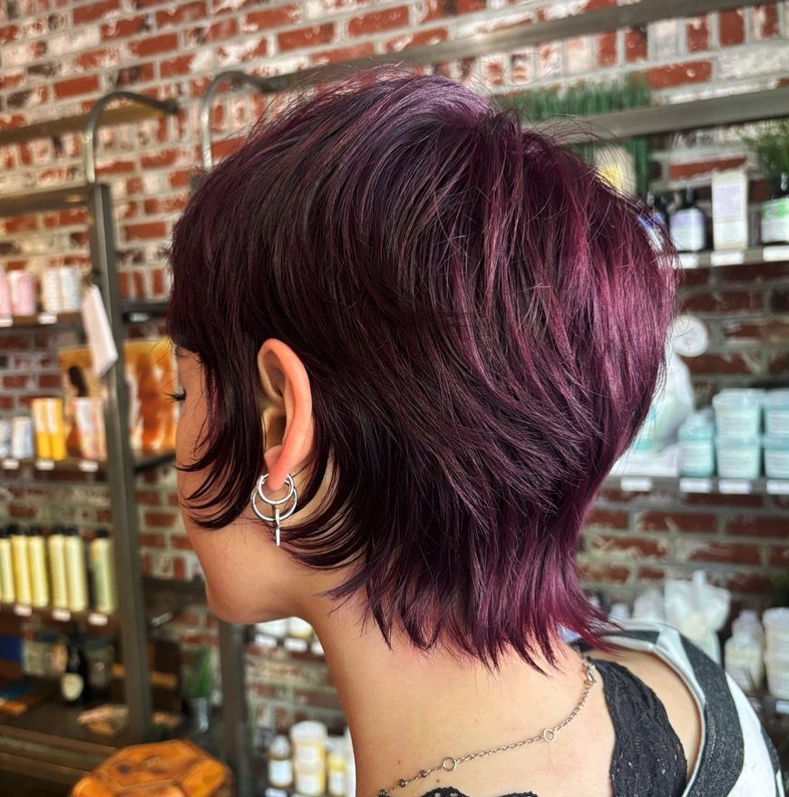 Short layered plum pixie haircut with tapered sides and wispy nape