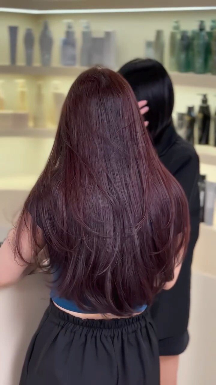 Long plum-red hair shown from behind in a salon