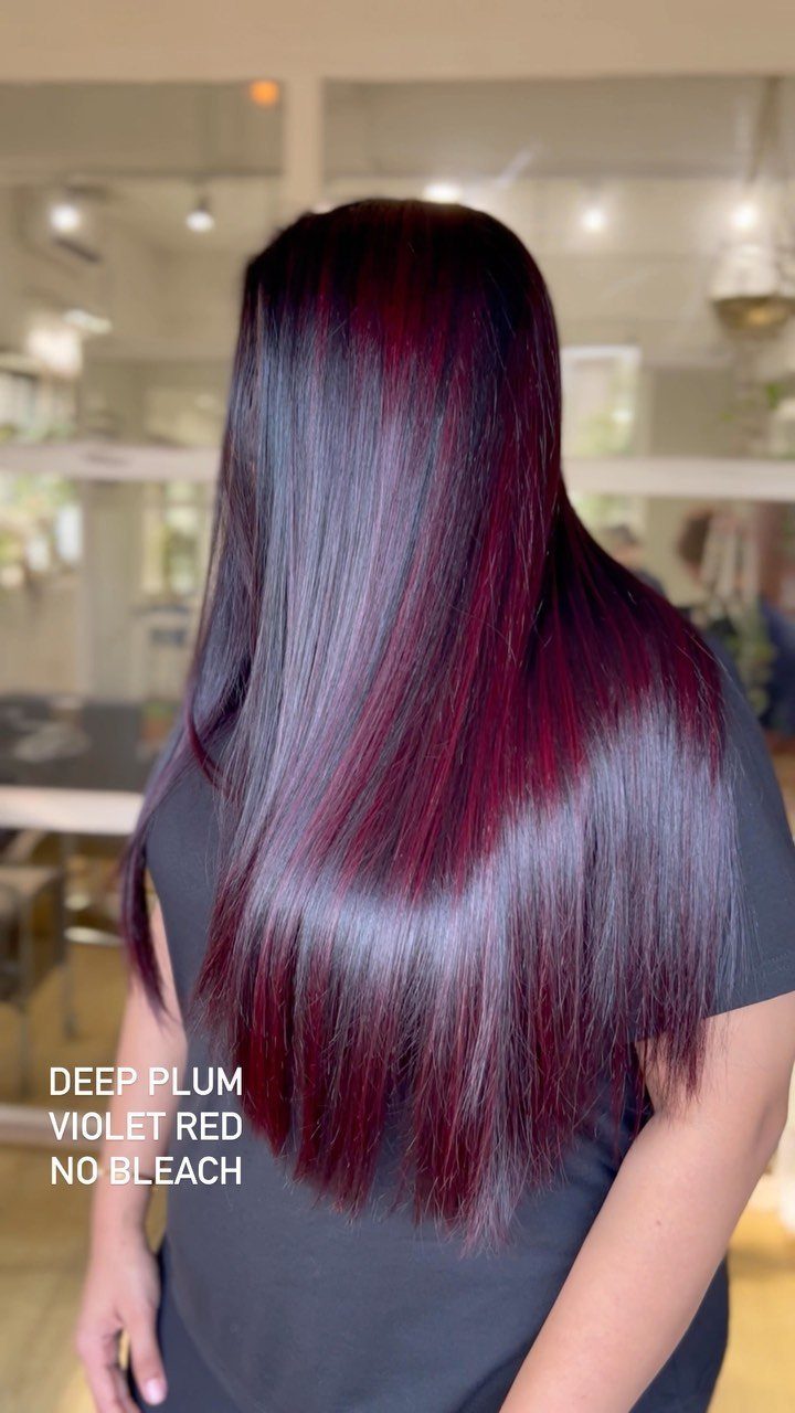 Long straight plum hair with glossy violet and red tones shown from behind