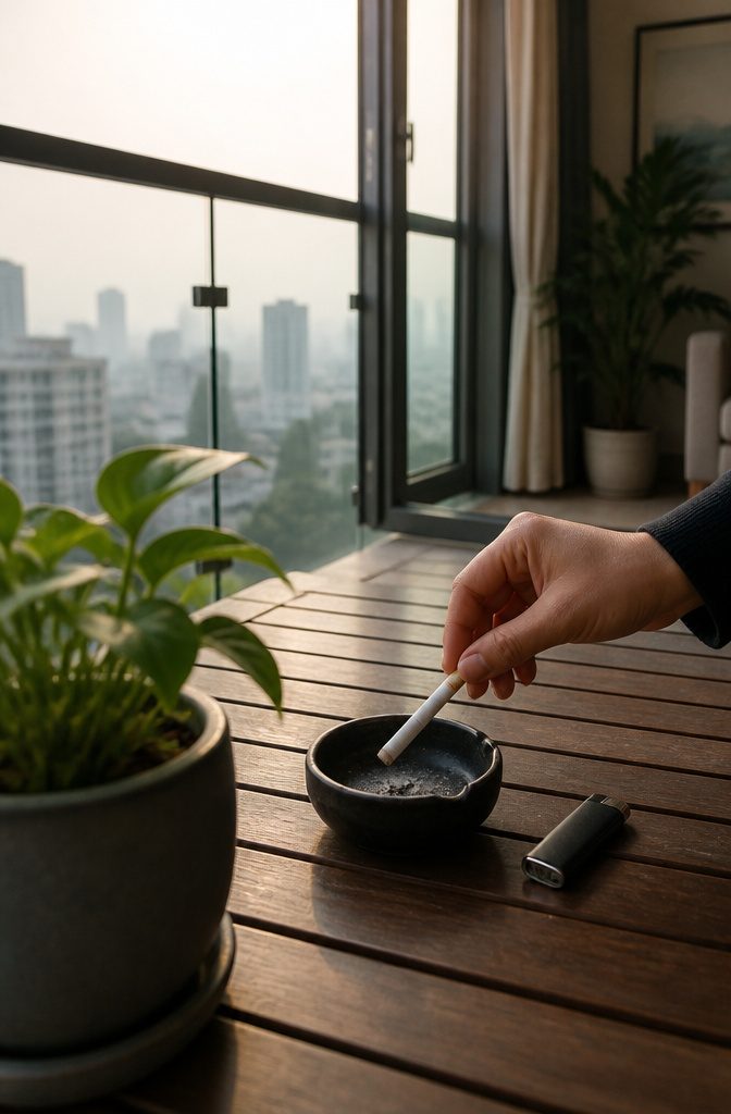 Hand placing unlit cigarette in ceramic disposal dish