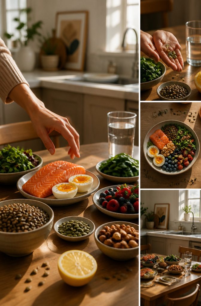 Plate with eggs salmon lentils greens fruit nuts and seeds