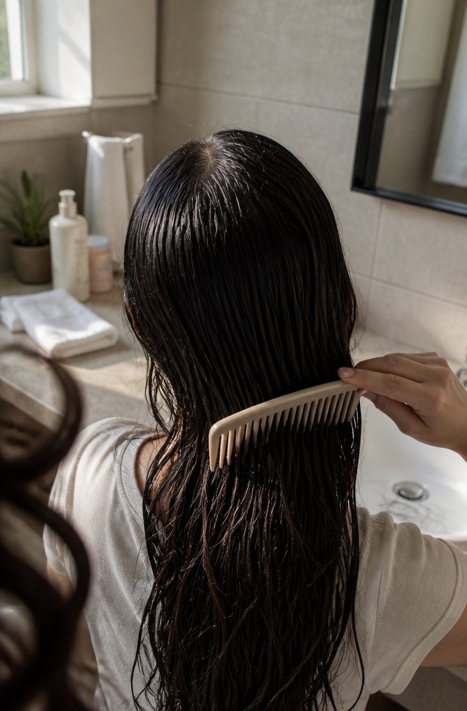 Person washing scalp with shampoo in a shower