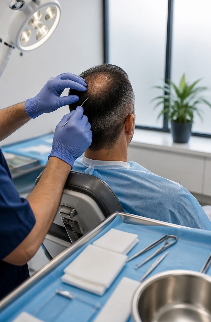 Clinician examining thinning crown with sterile instrument