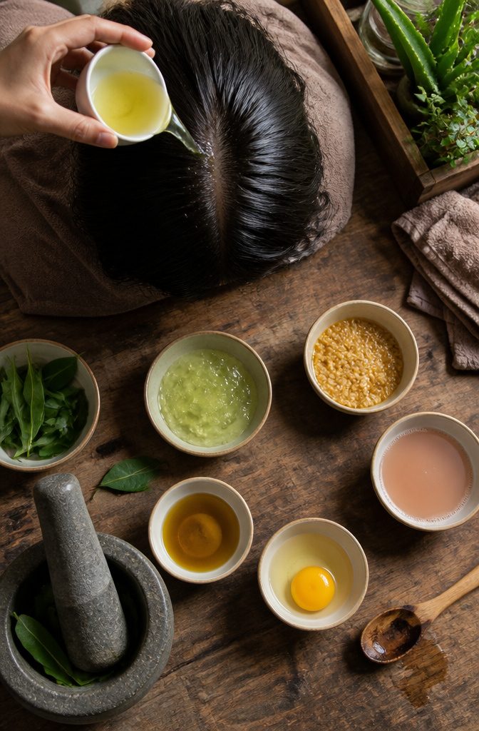 Bowls of aloe onion juice fenugreek paste and green tea