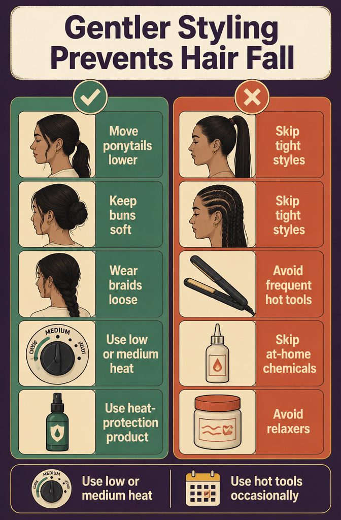 Hair styling tools beside a loosely tied ponytail
