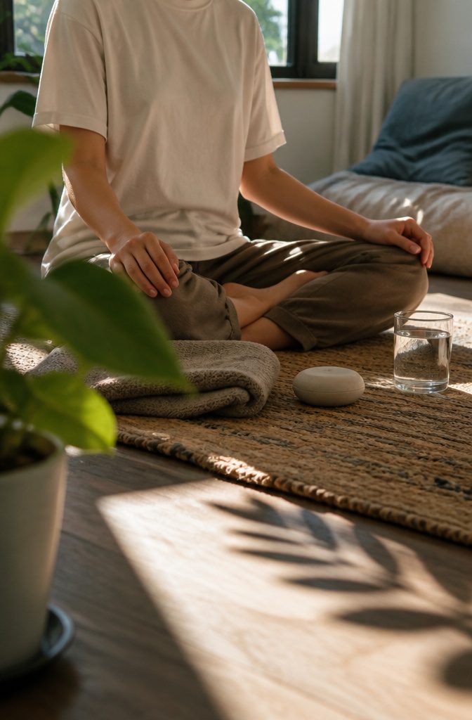 Cross legged person breathing on woven mat with timer