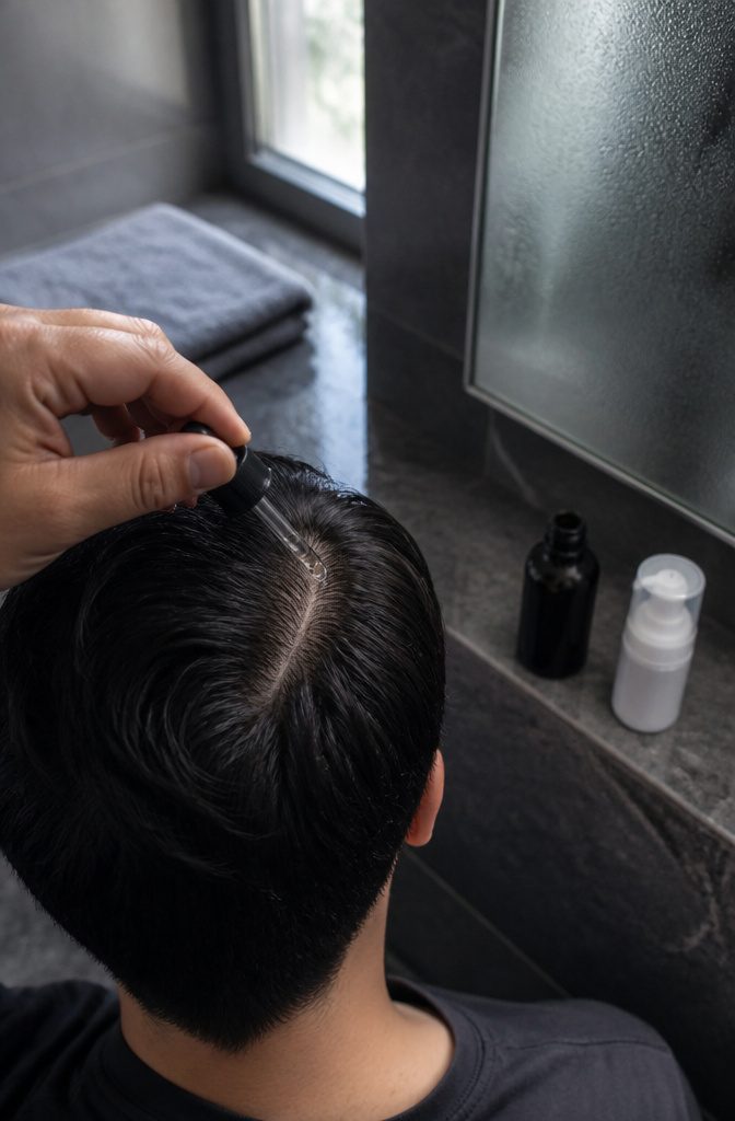 Dropper applying minoxidil to parted scalp