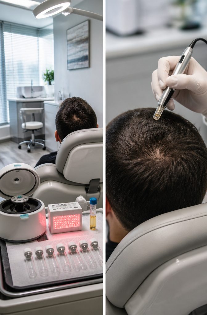 Clinician preparing scalp injection with syringe and gloves