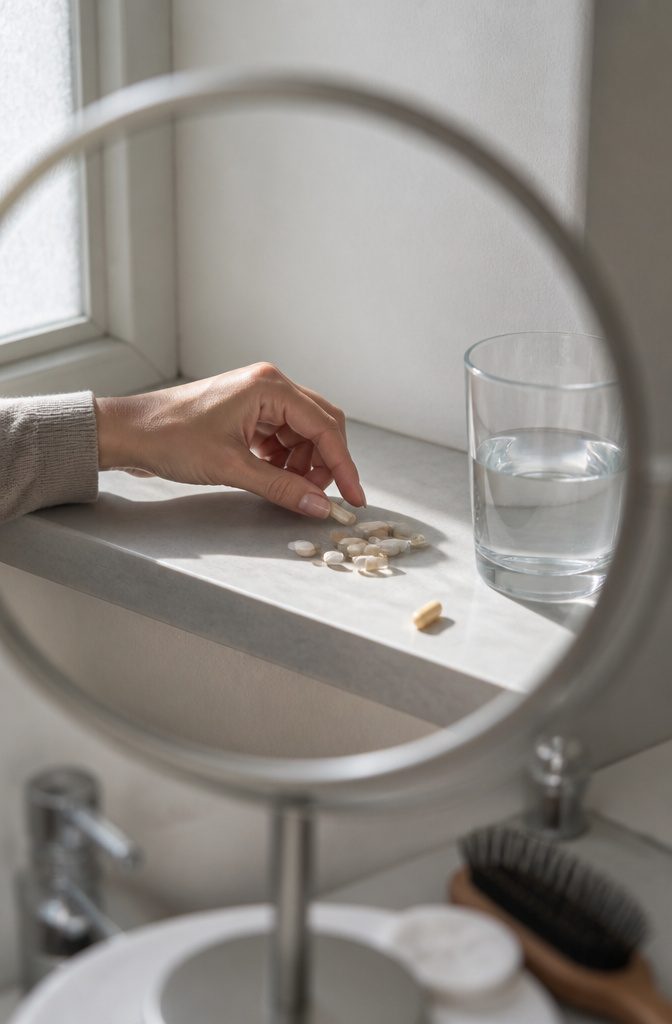 Hair supplements with bottles tablets and vitamin capsules