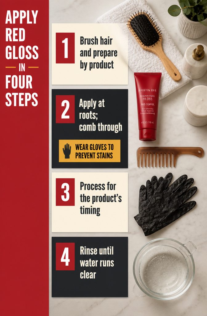 Red gloss application steps with hair preparation and rinsing