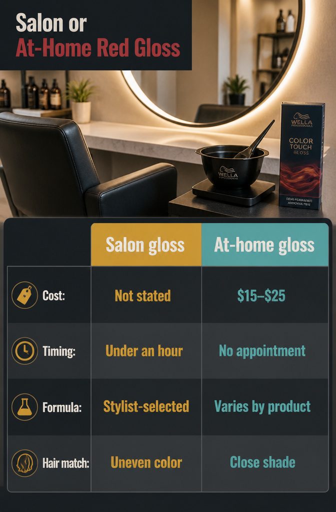 Hair stylist applying gloss beside a person applying gloss at home